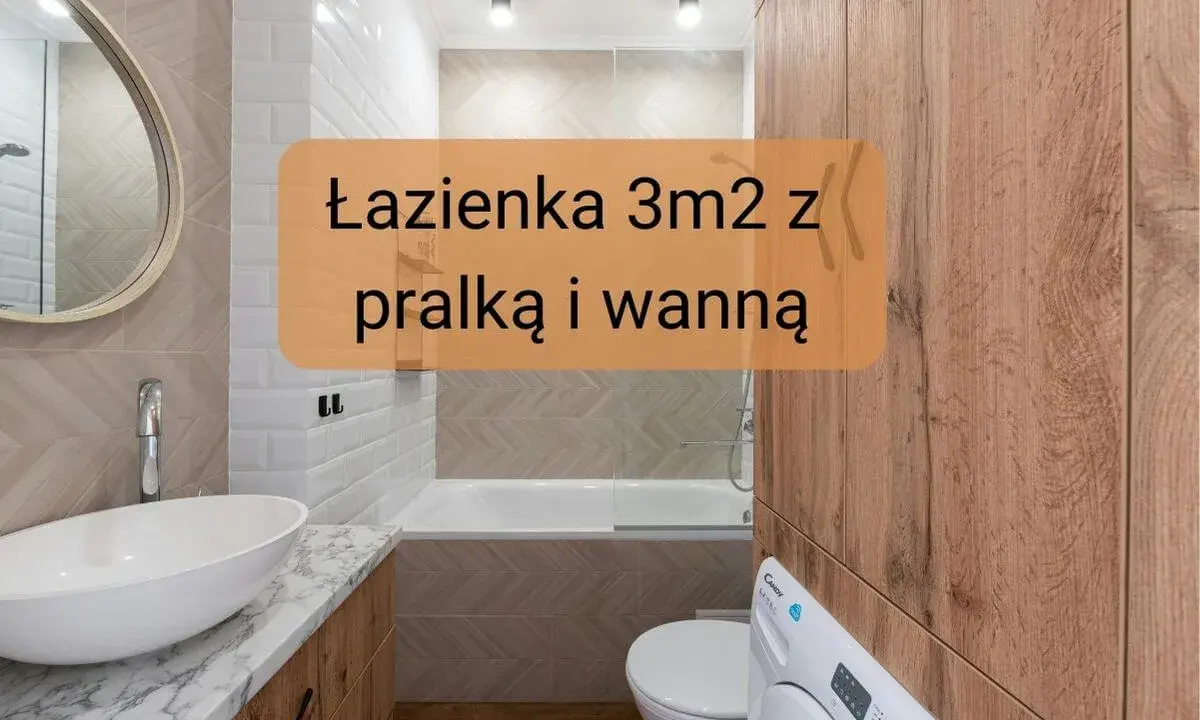 Kompaktowa łazienka z wanną i pralką, umywalką nablatową i lustrem. Drewniane akcenty dodają ciepła.