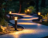 Oświetlenie ogrodu inspiracje: ścieżka w ciemności rozświetlona przez nowoczesne lampy, tworzące magiczną atmosferę.