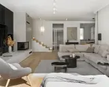 Nowoczesny salon z szarą sofą, kominkiem i schodami. Pokazuje, jakie są style wnętrz, łącząc minimalizm z przytulnością.