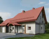 Nowy dom z czerwonym dachem i szarą elewacją, otoczony zielenią.