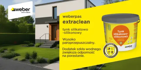 Nowoczesny dom z piękną elewacją. Jaki tynk na elewację? Weberpas extraclean – tynk silikatowo-silikonowy, paroprzepuszczalny, odporny na porastanie.
