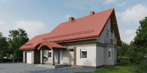 Nowy dom z czerwonym dachem i szarą elewacją, otoczony zielenią.