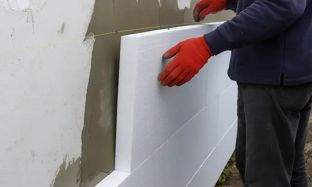 Pracownik w czerwonych rękawicach montuje styropian na elewacji domu parterowego.