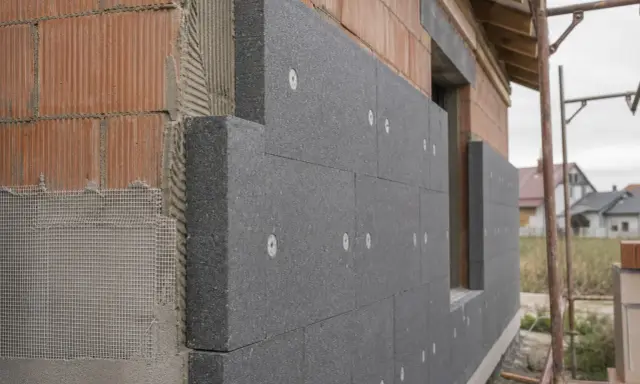 Mur 40 cm z cegły, ocieplony szarym styropianem grafitowym, z siatką i klejem.