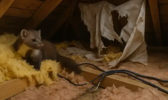Mała kuna buszuje na poddaszu, wśród izolacji i porzuconych kabli.