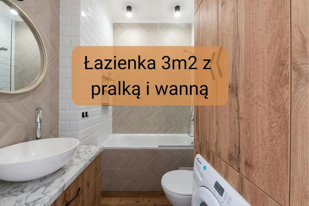 Kompaktowa łazienka z wanną i pralką, umywalką nablatową i lustrem. Drewniane akcenty dodają ciepła.