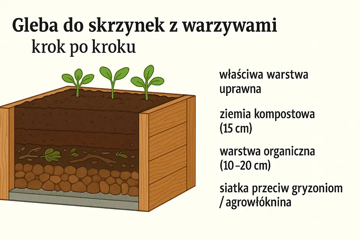 Jak zrobić skrzynię na warzywa: warstwa drenażowa, organiczna, kompostowa i uprawna z sadzonkami.