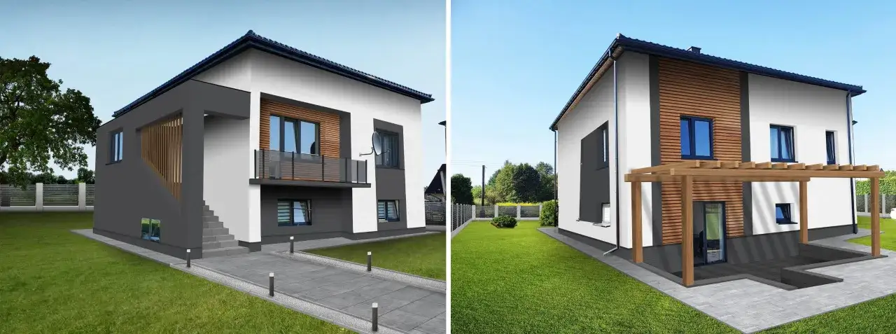 Nowoczesne elewacje starych domów piętrowych: białe, szare i drewniane panele tworzą stylowy kontrast. Dwa ujęcia tej samej posesji.