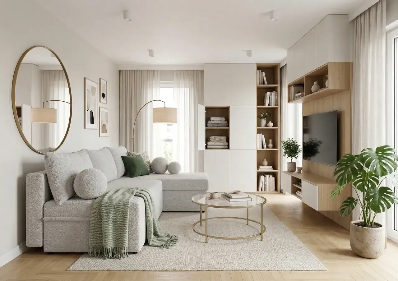 Jasny, nowoczesny salon z szarą sofą, okrągłym stolikiem i regałami. Inspiracja, jak urządzić mały salon, by był funkcjonalny i stylowy.