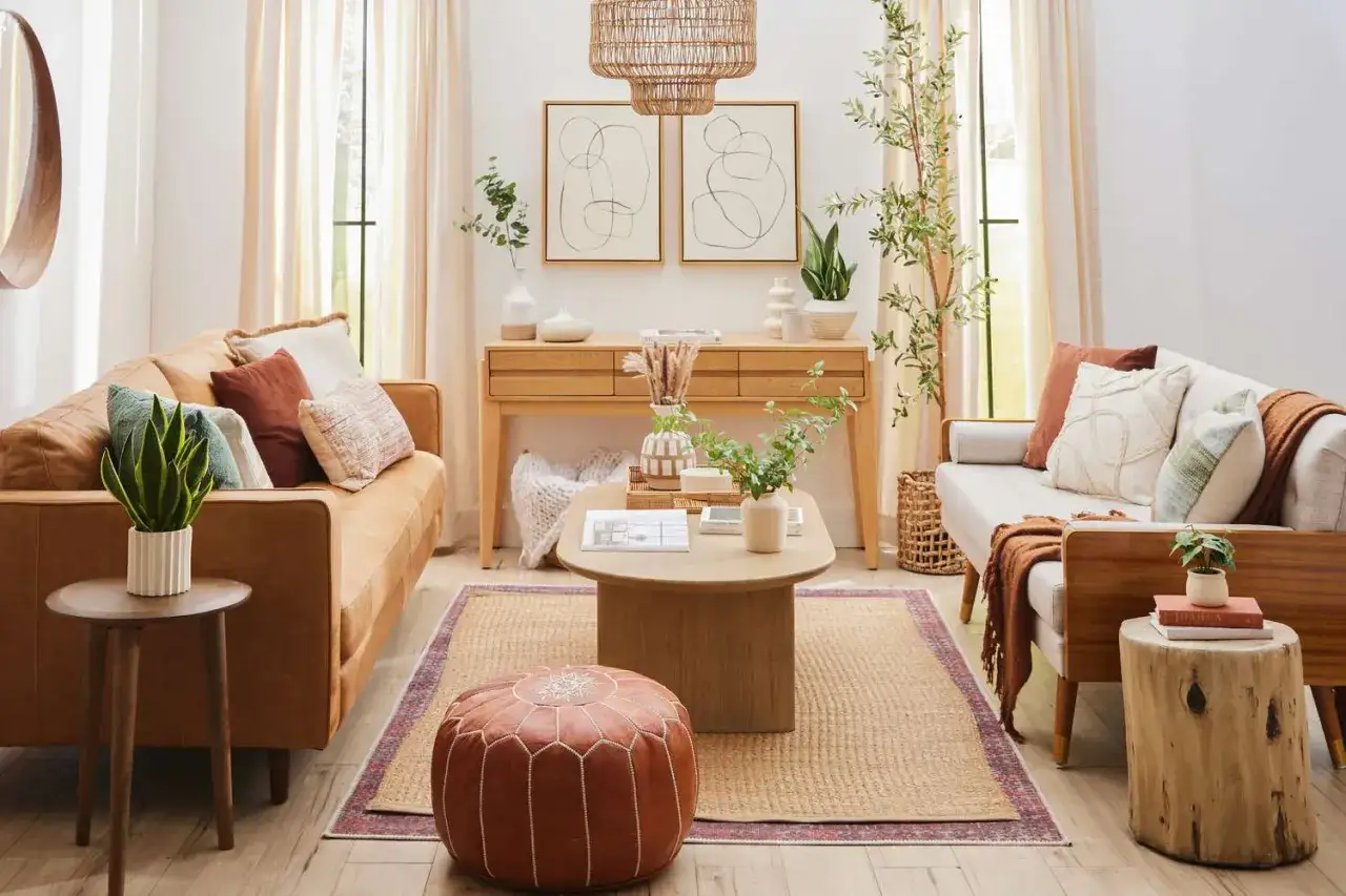 Naturalne materiały i ciepłe kolory tworzą przytulną atmosferę. Dowiedz się, jakie są style wnętrz, inspirując się tym salonem.
