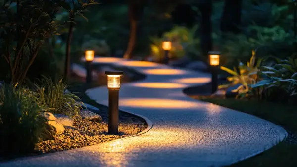 Oświetlenie ogrodu inspiracje: ścieżka w ciemności rozświetlona przez nowoczesne lampy, tworzące magiczną atmosferę.