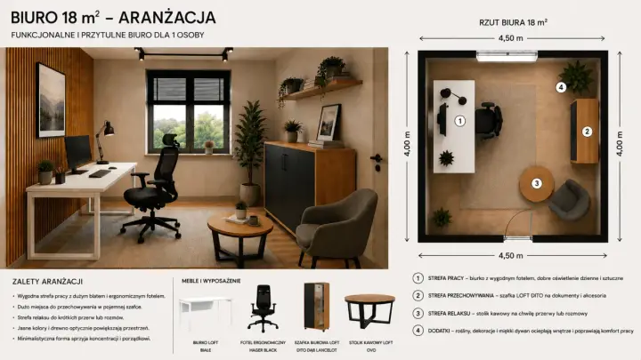 Funkcjonalne domowe biuro inspiracje: strefa pracy, relaksu i przechowywania w 18 m². Jasne kolory i drewno optycznie powiększają przestrzeń.
