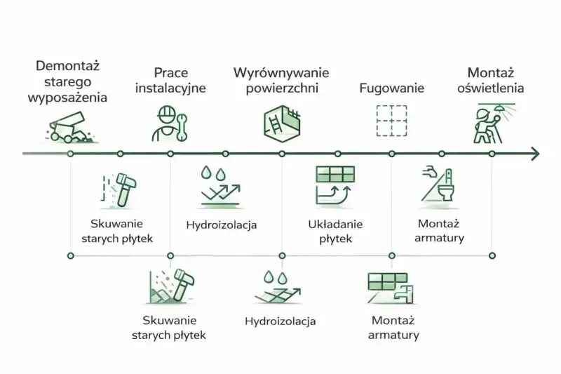 Schemat przebudowy starego domu: demontaż, instalacje, wyrównanie, fugowanie, montaż płytek, armatury i oświetlenia.